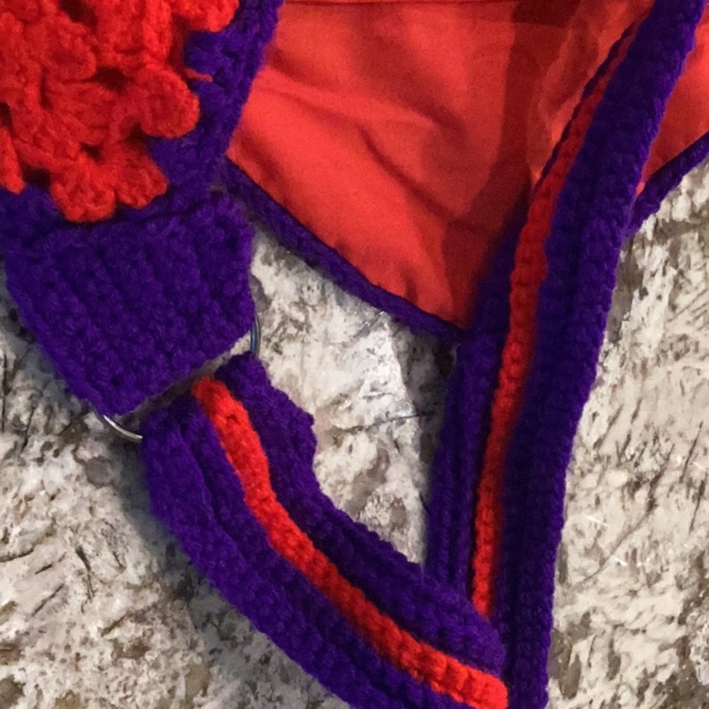 Hand Crocheted Knit Yarn Boho Tote Red Purple Purse Shoulder Bag Retro Granny - Picture 5 of 16
